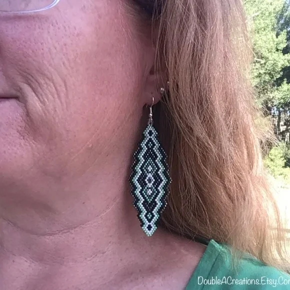 Mint Green, Black and Gunmetal Southwest Beaded Earrings, New, Handmade by Me - Picture 6 of 7